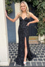 Mermaid Spaghetti Straps Black Sequins Long Prom Dresses with Split Front