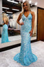 Mermaid Spaghetti Straps Blue Sequins Backless Long Prom Dresses