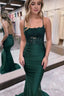 Mermaid Spaghetti Straps Dark Green Long Prom Dresses with Appliques