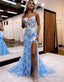 Mermaid Spaghetti Straps Lace Tulle Prom Dresses with Slit