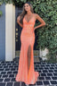 Mermaid Spaghetti Straps Orange Sequins Long Prom Dresses with Split Front