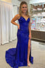 Mermaid Spaghetti Straps Royal Blue Sequins Long Prom Dresses with Split Front