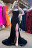 Mermaid Spaghettti Straps Black Sequins Long Prom Dresses with Split Front