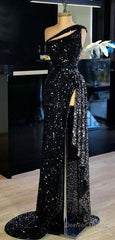Mermaid Sparkly Sequin Black High Slit Sexy Elegant Modest Long Prom Dresses, Evening Dresses