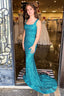 Mermaid Square Neck Sparkly Turquoise Sequins Long Prom Dresses