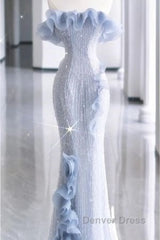 Mermaid Strapless Blue Sequin Prom Dresses Evening Dresses