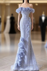 Mermaid Strapless Blue Sequin Prom Dresses Evening Dresses