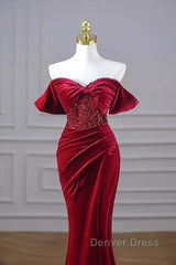 Mermaid Strapless Burgundy Velvet Prom Dresses Evening Dresses