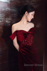 Mermaid Strapless Burgundy Velvet Prom Dresses Evening Dresses