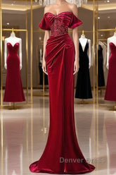 Mermaid Strapless Burgundy Velvet Prom Dresses Evening Dresses