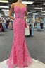 Mermaid Strapless Hot Pink Corset Appliques Long Prom Dresses