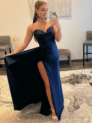 Mermaid Strapless Satin Prom Dress with Slit