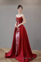 Mermaid Strapless Sequin Red Prom Dresses Long Evening Dress