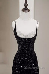 Mermaid Straps Long Black Sequin Prom Dresses