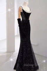 Mermaid Straps Sequin Black Backless Long Prom Dresses