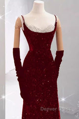 Mermaid Straps Sequin Red Backless Long Prom Dresses