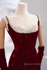 Mermaid Straps Sequin Red Backless Long Prom Dresses