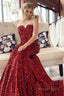 Mermaid Sweetheart Burgundy Sequins Long Prom Dresses with Sweep Train