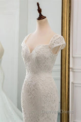 Mermaid Sweetheart Lace Long Wedding Dresses Bride Gown Cap Sleeves
