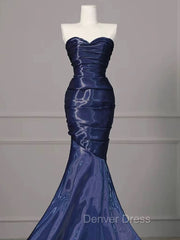 Mermaid Sweetheart Neck Water Satin Dark Blue Long Prom Dresses, Dark Blue Formal Dresses