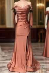 Mermaid Terracotta Ruched Split Satin Dresses