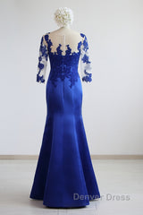 Mermaid / Trumpet Evening Gown Elegant Dresses Formal Floor Length Half Sleeve Illusion Neck Satin With Pleats