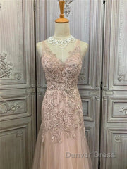 Mermaid / Trumpet Prom Dresses Maxi Dresses Party Wear Sweep / Brush Train Sleeveless V Neck Tulle With Appliques