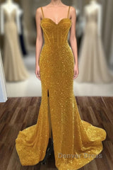 Mermaid / Trumpet Prom Dresses Sexy Dresses Formal Sweep / Brush Train Sleeveless Sweetheart Sequined Backless With Sequin Slit
