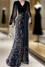 Mermaid Trumpet Sparkle Gothic Prom Dresses V Neck Long Sleeve Floor Length Sequined Velvet With Sash Ribbon Sequin