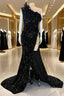 Mermaid Trumpet Sparkle Sexy Wedding Guest Prom Dresses One Shoulder Long Sleeve Court Train Sequined With Feather Sequin Slit