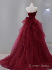 Mermaid Tulle Velvet Burgundy Long Prom Dress, Burgundy Long Evening Dress