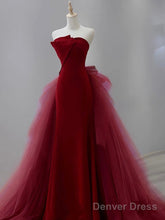 Mermaid Tulle Velvet Burgundy Long Prom Dress, Burgundy Long Evening Dress