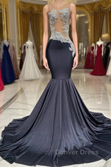 Mermaid V-neck Appliques Lace Sequined Open Back One Shoulder Floor-length Sleeveless Prom Dresses