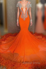 Mermaid V-neck Beaded Sequined Floor-length Long Sleeves With Feather Prom Dresses