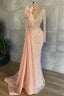 Mermaid V Neck Beading Sequined Floor Length Long Sleeve Appliques Lace Flower Prom Dresses