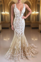 Mermaid V Neck Champagne Lace Prom Dresses, Mermaid Champagne Formal Dresses, Champagne Lace Evening Dresses