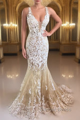 Mermaid V Neck Champagne Lace Prom Dresses, Mermaid Champagne Formal Dresses, Champagne Lace Evening Dresses