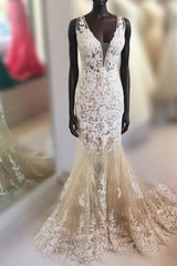 Mermaid V Neck Champagne Lace Prom Dresses, Mermaid Champagne Formal Dresses