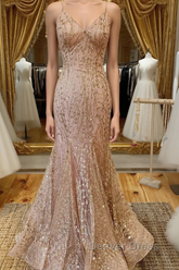 Mermaid V Neck Rose Gold Prom Dresses Stunning Evening Dresses