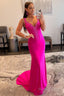 Mermaid V Neck Hot Pink Long Prom Dresses with Beading