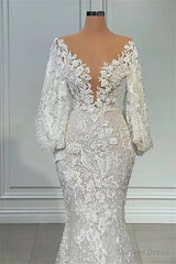 Mermaid V-neck Lace Floor-length Long Sleeve Applique Beaded Wedding Dress
