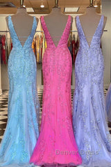 Mermaid V Neck Open Back Lace Long Prom Dresses, Mermaid Formal Evening Dresses