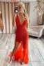 Mermaid V Neck Red Long Prom Dresses with Embroidery