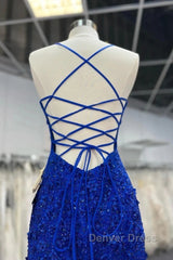 Mermaid V Neck Royal Blue Beade Applique Tulle Long Prom Dresses, Evening Dresses
