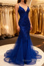 Mermaid V Neck Royal Blue Beade Applique Tulle Long Prom Dresses, Evening Dresses