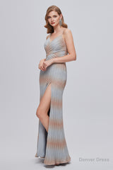 Mermaid V-Neck Ruched Long Prom Dresses with Slit