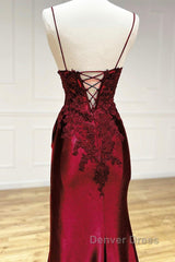 Mermaid V Neck Satin Lace Burgundy Long Prom Dresses, Burgundy Long Formal Dresses