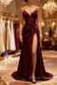 Mermaid V Neck Satin Lace Burgundy Long Prom Dresses, Burgundy Long Formal Dresses