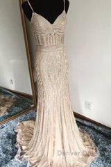 Mermaid V Neck Sequined Black Prom Dresses Spaghetti Straps