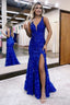 Mermaid V Neck Sequined Lace Prom Dresses with Slit